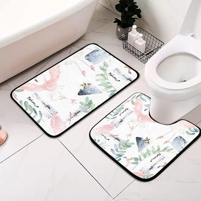 Dancing flamingo toilet mat set