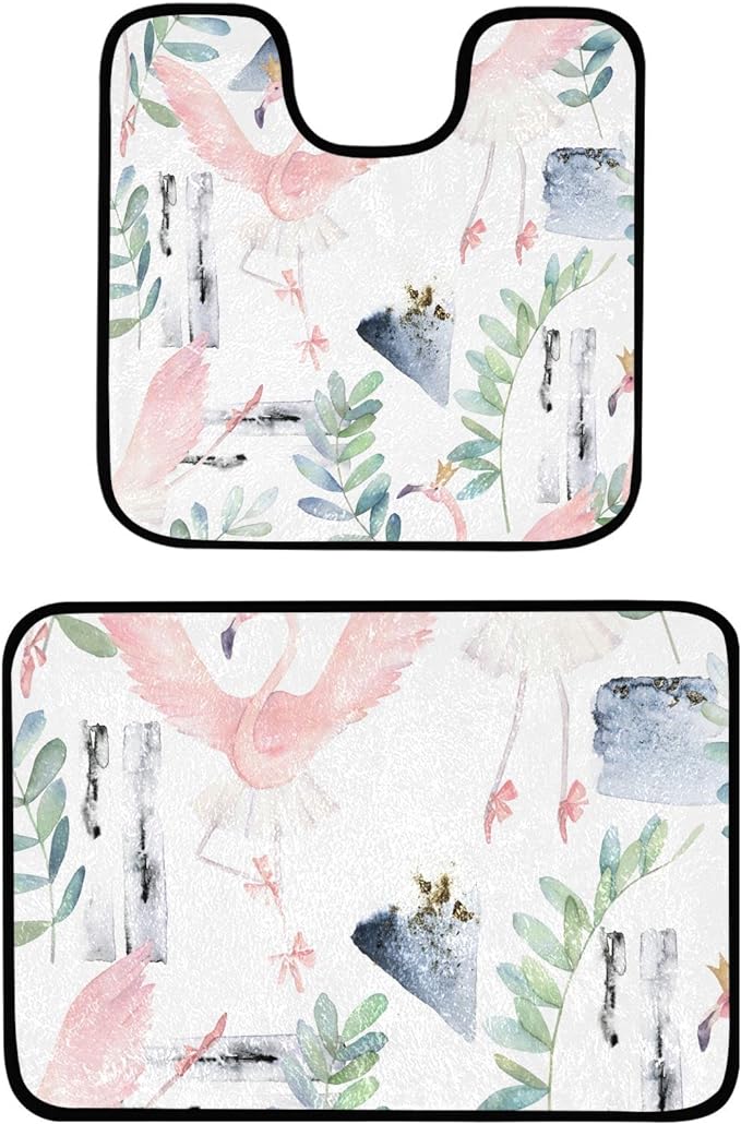 Dancing flamingo toilet mat set